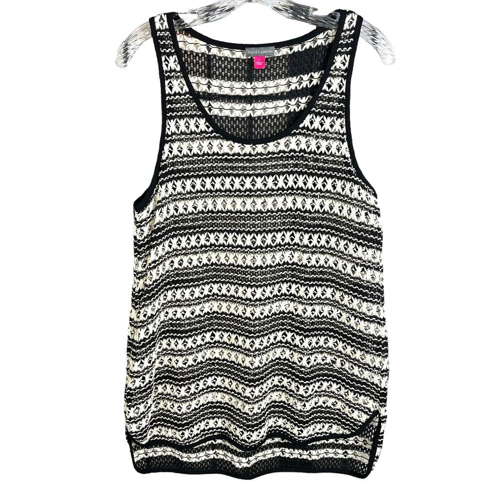 Vince Camuto Crochet Sleeveless Knit Tank Top Shirt Black Large